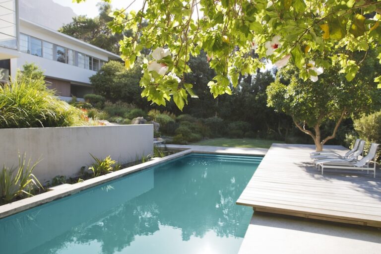 Pool with green trees, wooden deck and lounge chair