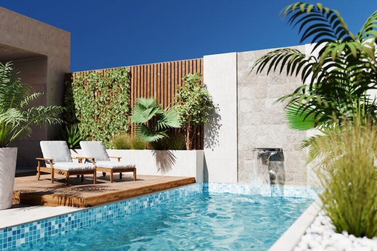 Modern style architecture exterior vacation villa with luxury swimming pool and tropical tree garden.