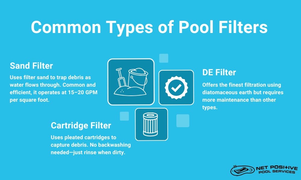 An infographic by Net Positive Pools describing common types of pool filters