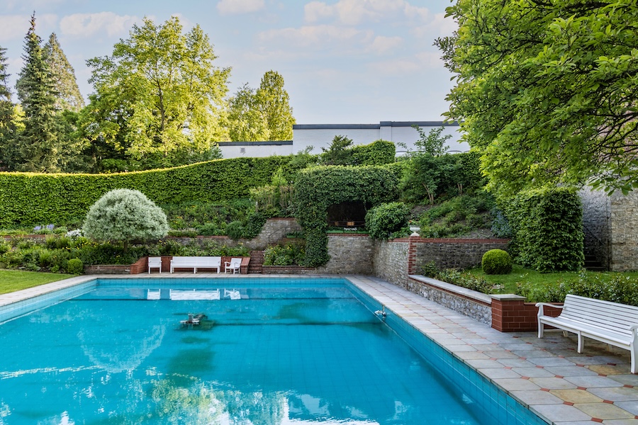 outdoor swimming pool in summer without people