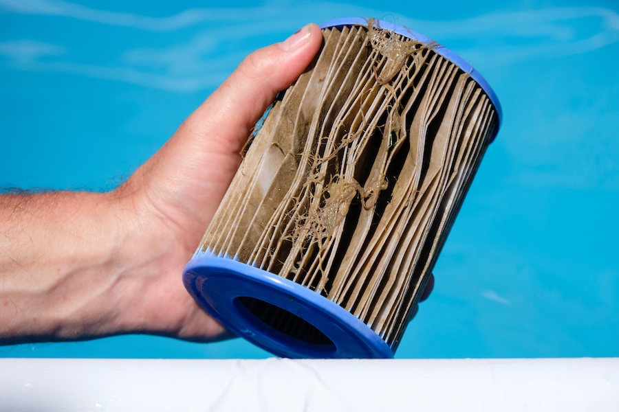 Dirty Replacement Pool Filter Cartridge in a man's hand