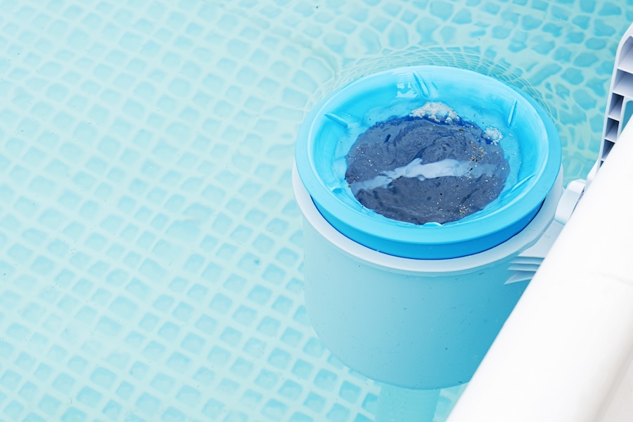 blue skimmer for cleaning the pool.