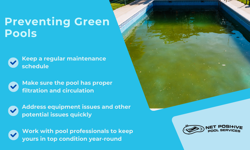 Infographic listing ways to prevent green pools: keep a regular maintenance schedule, make sure pool has proper filtration & circulation, address equipment issues quickly, and work with pool professionals.